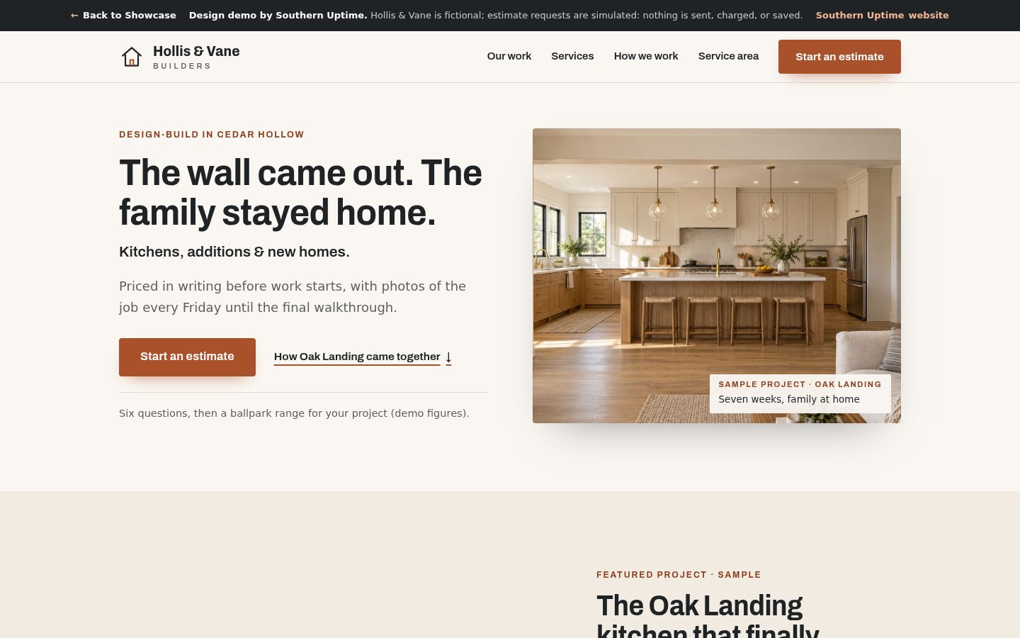 The redesigned Hollis & Vane website: headline and estimate button beside a finished open-plan kitchen