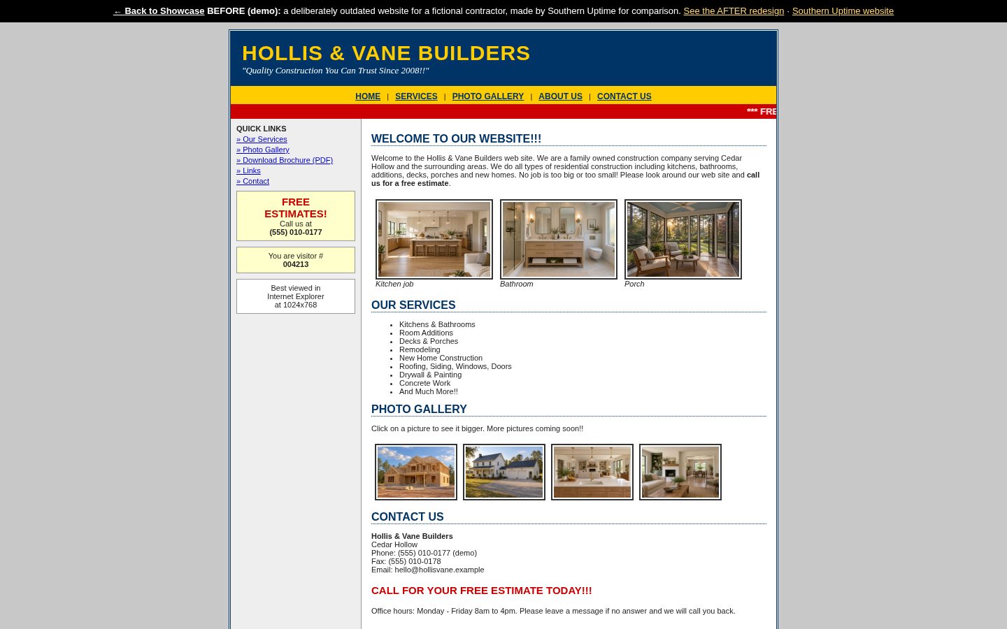 The old Hollis & Vane website: a fixed-width page with tiny photos and a scrolling banner