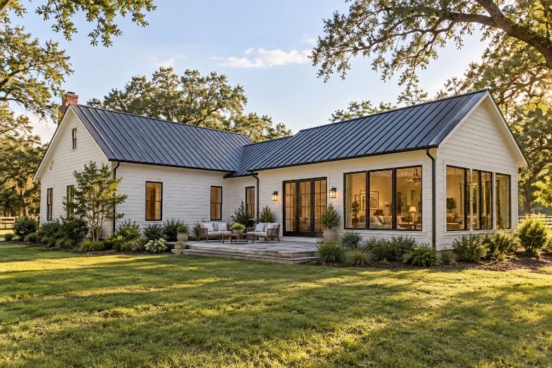A white farmhouse with a new wing built to match: the same roof pitch, white lap siding and dark metal roof, with large windows and French doors onto a patio