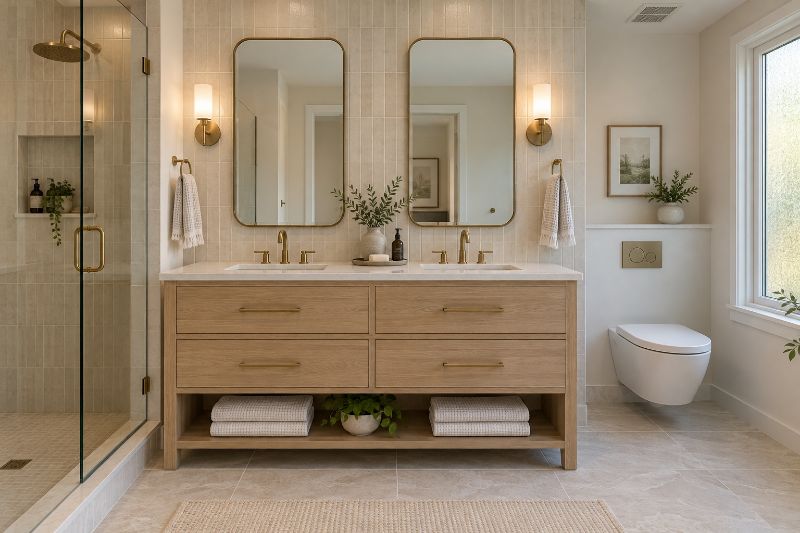 A renovated bathroom with a white-oak double vanity, two sinks and two mirrors on tile that runs to the ceiling, and a wall-hung toilet beside a frosted window
