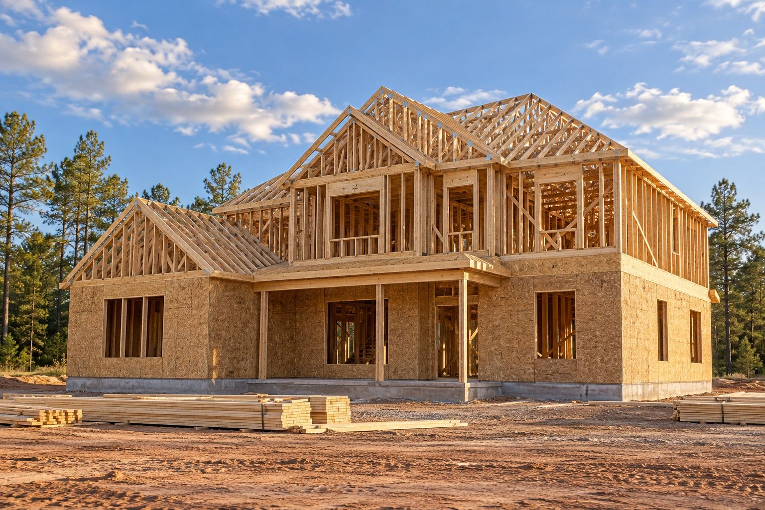 A two-storey house at the framing stage: a sheathed ground floor, stud walls and headers on the upper floor, and roof trusses set against a blue sky, with lumber stacked on a clean site