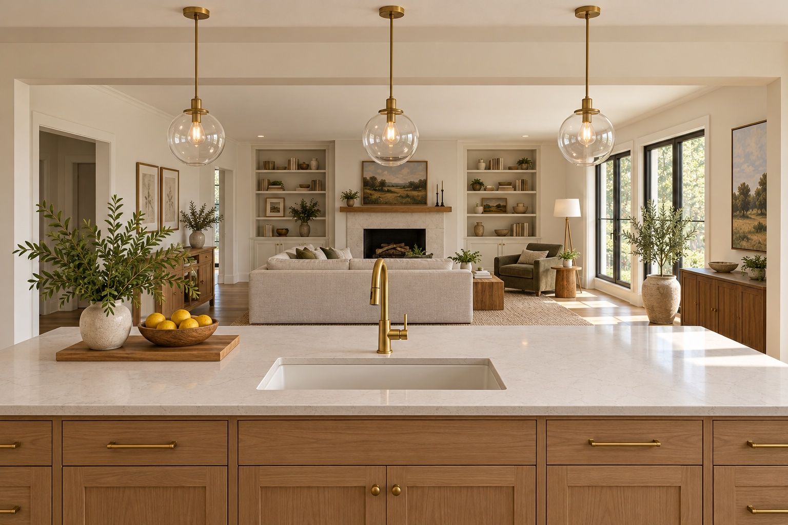 The cook's view from the Oak Landing island: a sink and brass faucet on a pale quartz counter, three glass pendants, and the family room with its sofa, fireplace and windows straight ahead