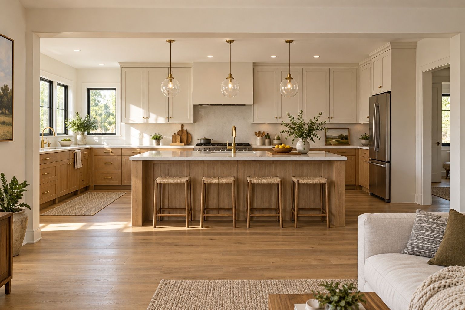The opened-up Oak Landing kitchen seen from the family room: a white-oak island with a brass faucet and four stools under three glass pendants, white upper cabinets, and a painted beam across the opening